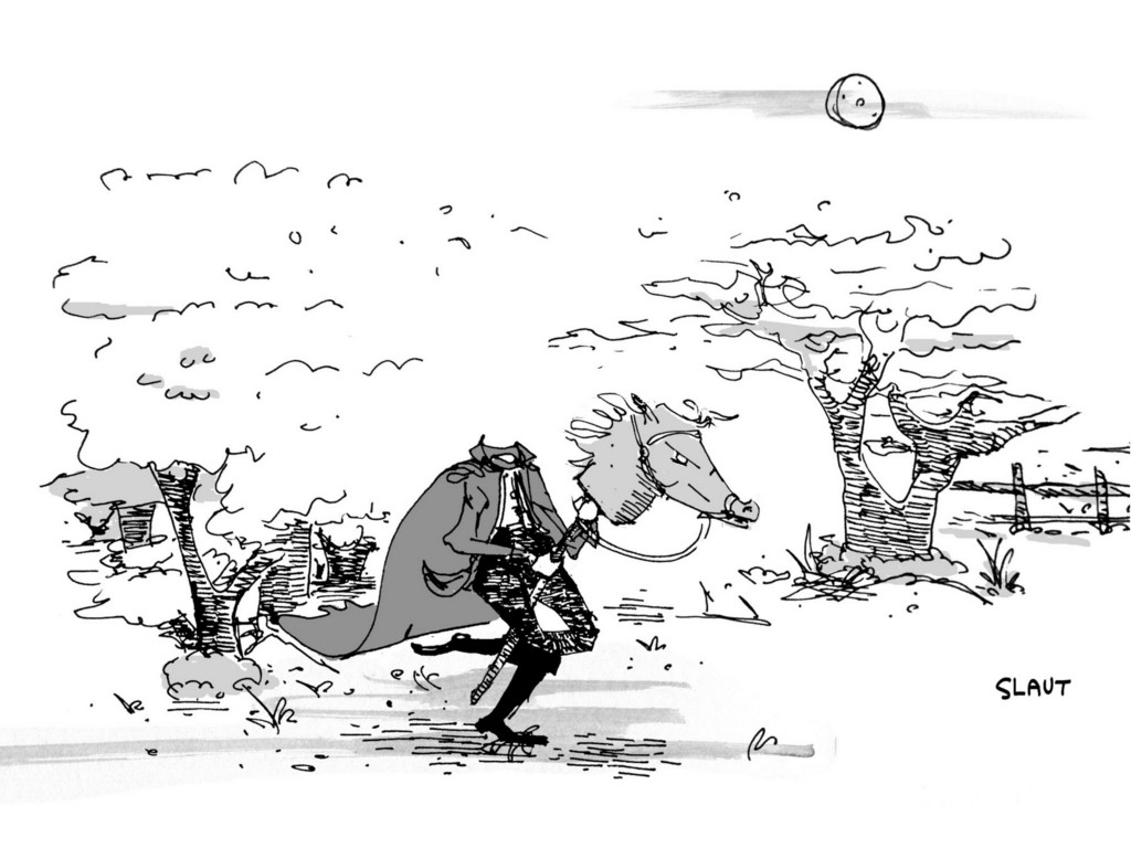 (Headless horseman, riding on a stick horse.)