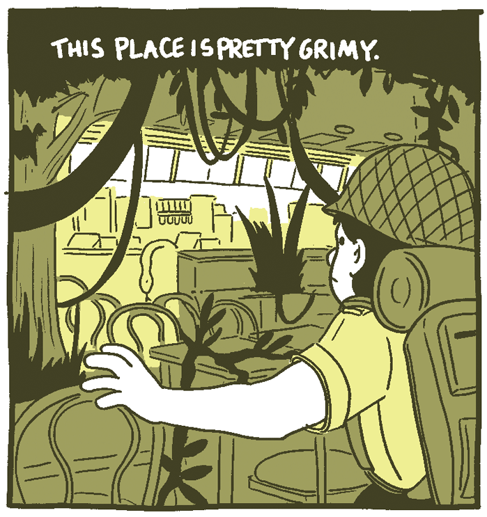 (Soldier makes their way through a jungle-restaurant hybrid.) This place is pretty grimy. 