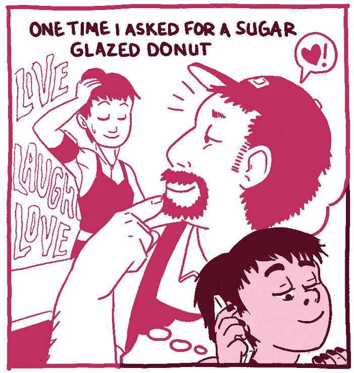 (Woman imagining herself ordering donuts after the gym, cashier appears to find her attractive.) Woman, on the phone: One time I asked for a sugar glazed donut