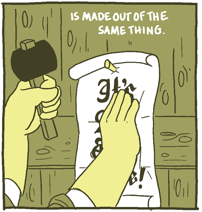 (Apothecary nails sign saying "It's all the same!" on church door.) Is made of the same thing. 