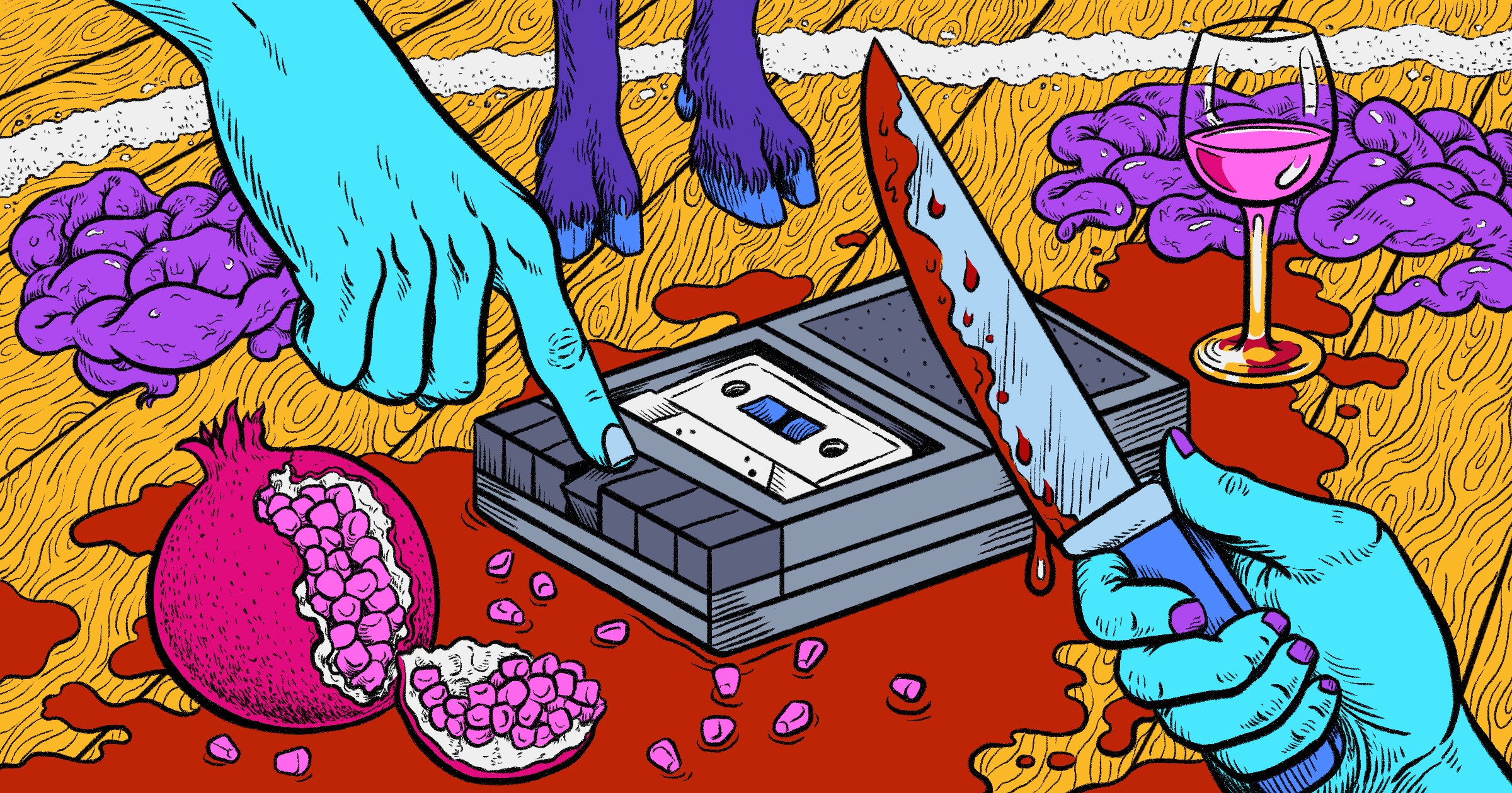Drawing of a hand pressing play on a tape surrounded by hooves, wine, a pomegranate, and a bloody knife