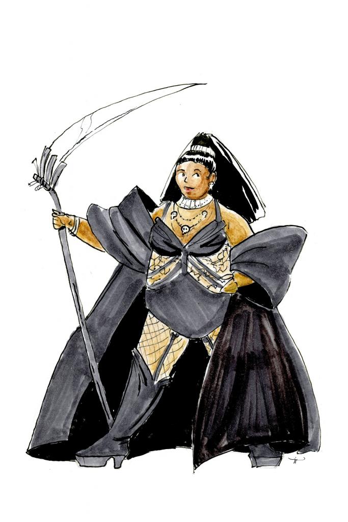 A fashion drawing of Lizzo wearing lacy lingerie, a robe, and a necklace of skulls, and carrying a scythe