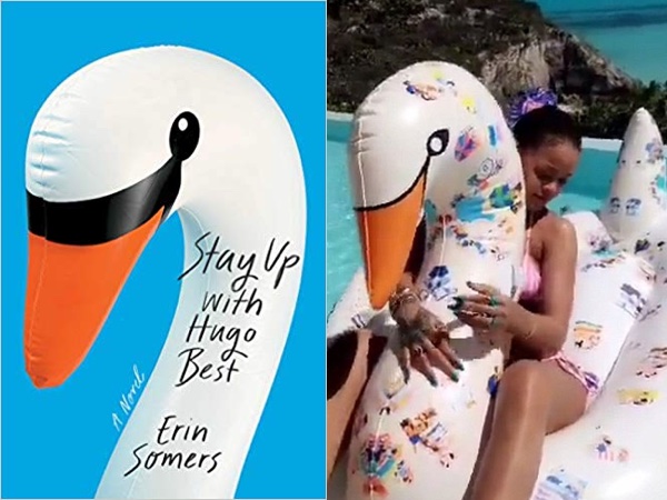 Erin Somers's "Stay Up with Hugo Best,' with an inflatable swan, and Rihanna on an inflatable swan
