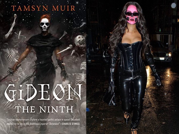 Tamsyn Muir's "Gideon the Ninth," featuring a woman in black with skull face paint, and Rihanna in black with skull face paint