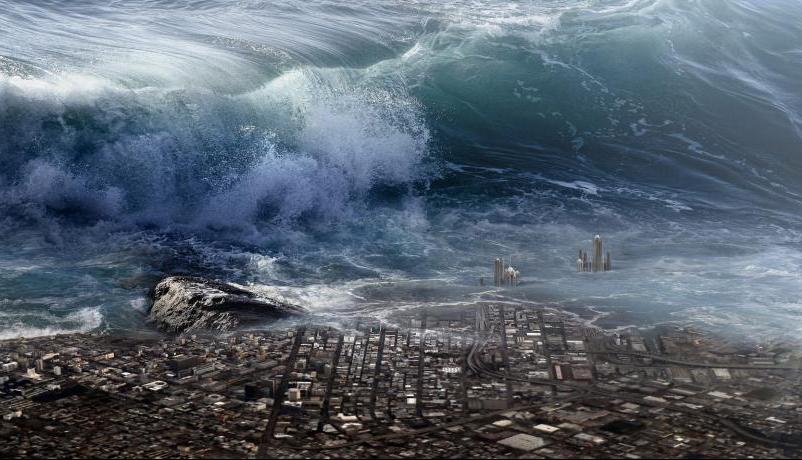 Tsunami crashing on a city