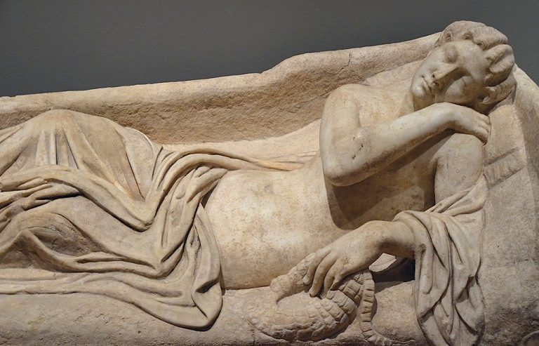 An 1,800-year-old sarcophagus lid depicting sleeping Ariadne by Carole Raddato via Flickr