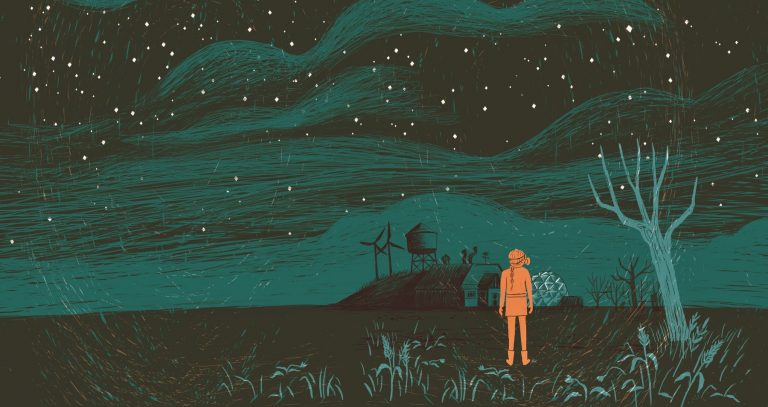 illustration of woman standing under stars