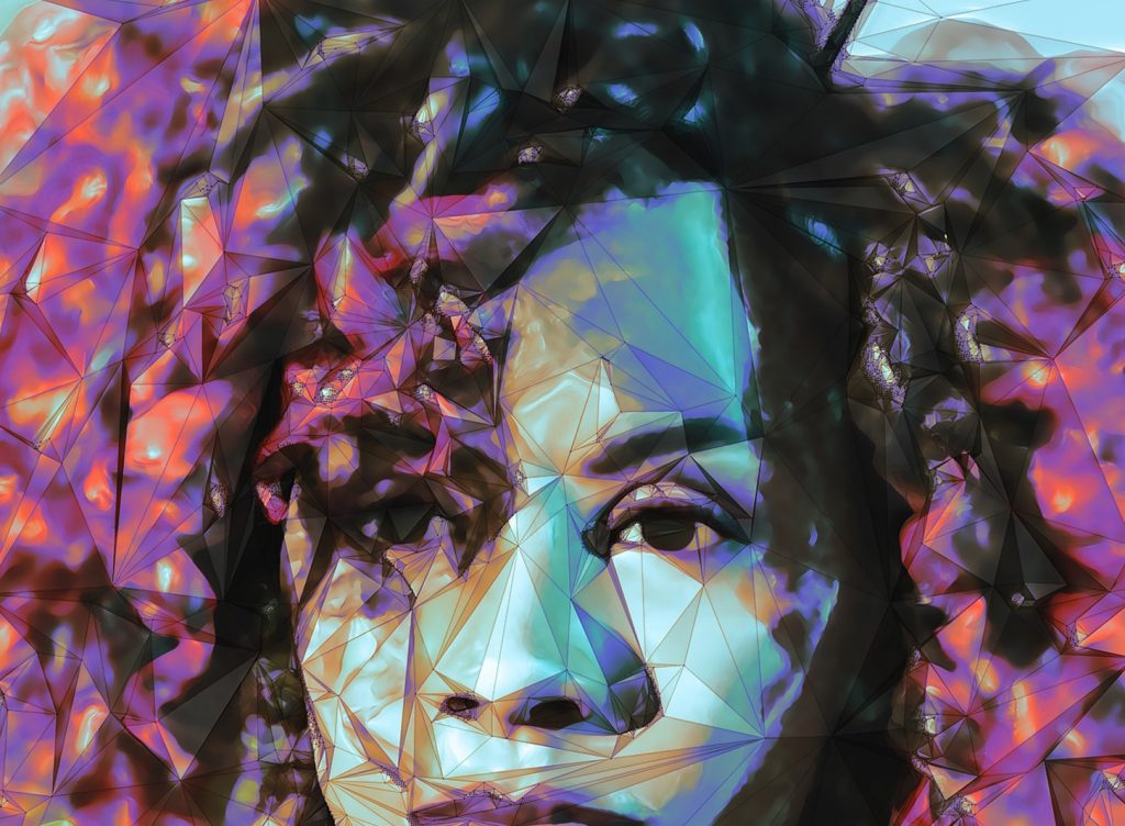 Photo manipulation of a young Black woman featuring polygons and bright colors