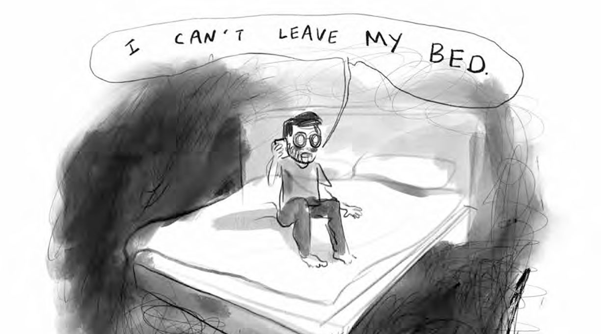 Drawing of Jason sitting on his bed saying "I can't leave my bed"