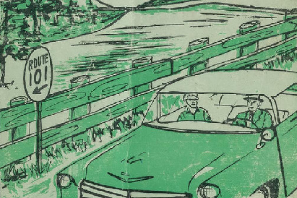 Green-tinted drawing of two people in an old-fashioned car