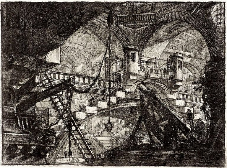 An engraving of a vast arched interior with a bridge and some mysterious machines