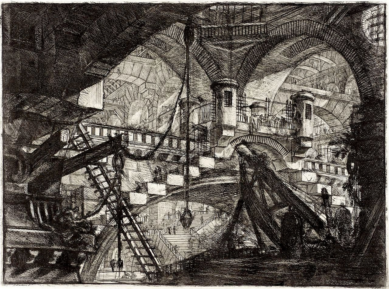 An engraving of a vast arched interior with a bridge and some mysterious machines