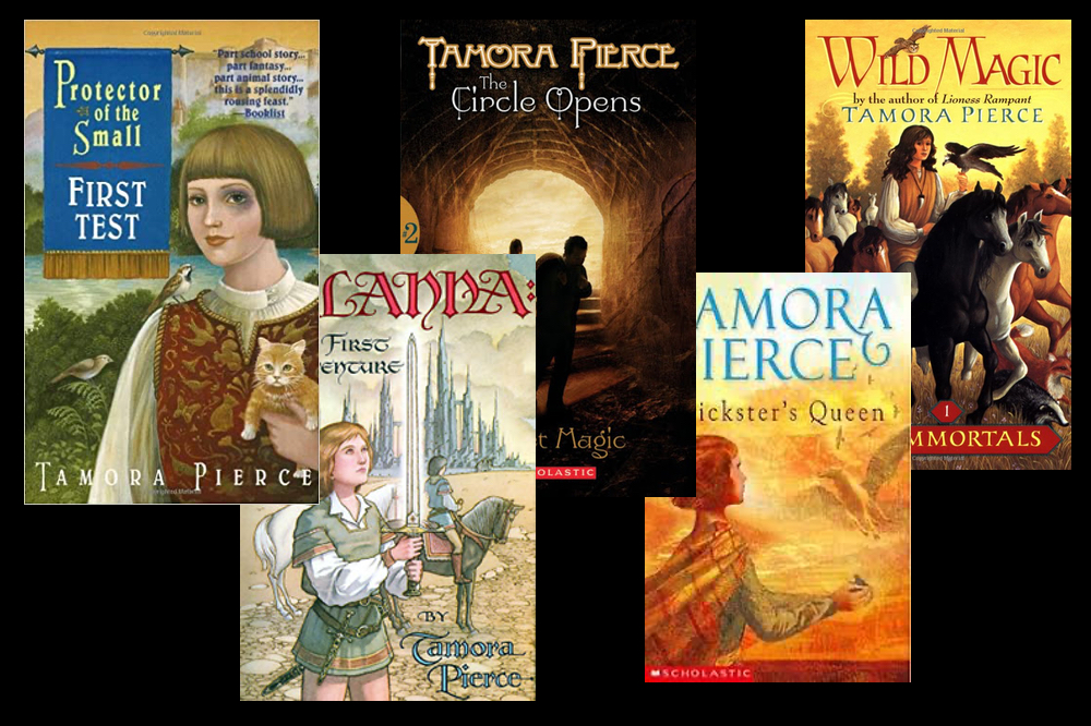 Collage of several Tamora Pierce books