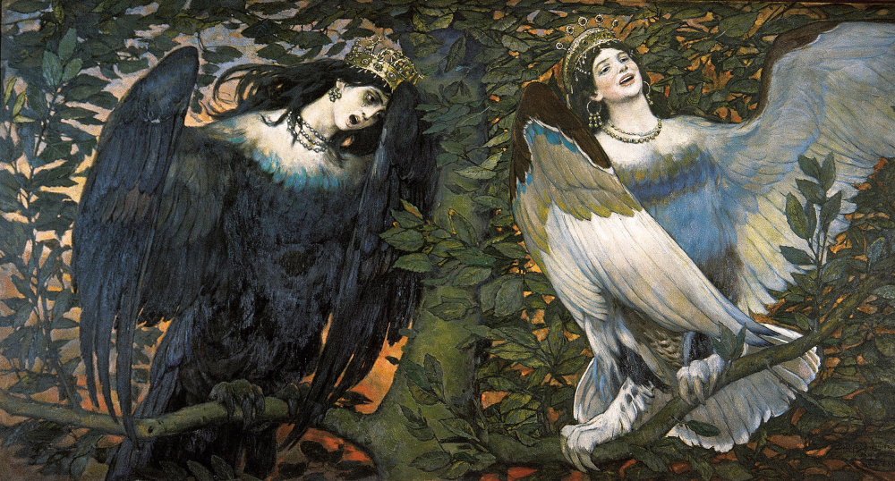 Two bird-woman creatures