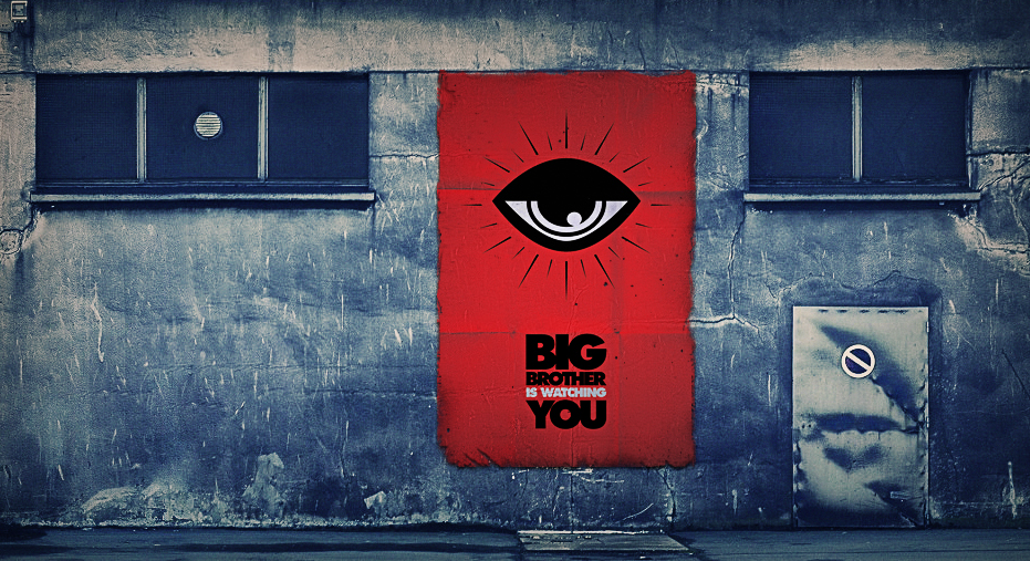 Grey wall with red square reading "Big Brother is watching you" with an eye icon