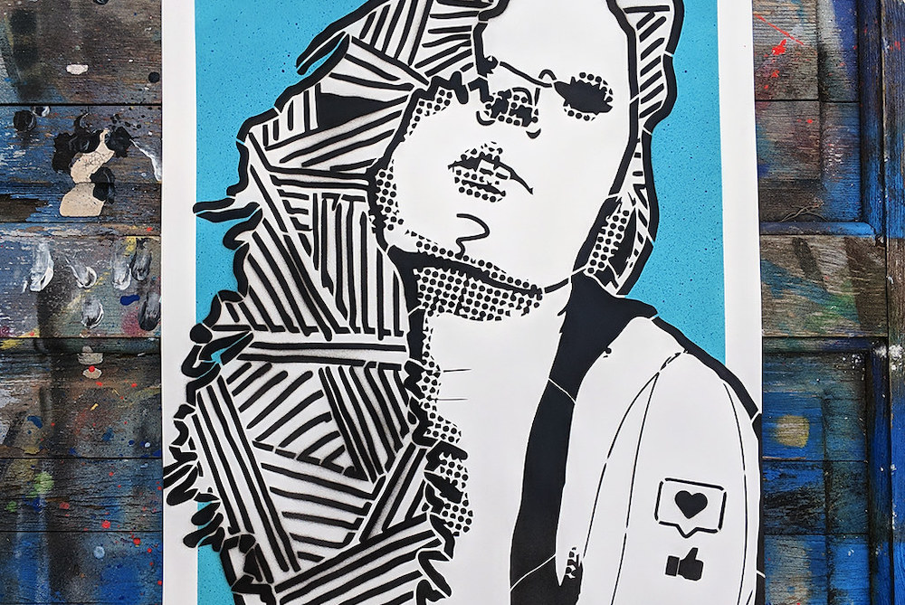 Stencil art of a woman with arm tattoos of an Instagram and Facebook like symbol