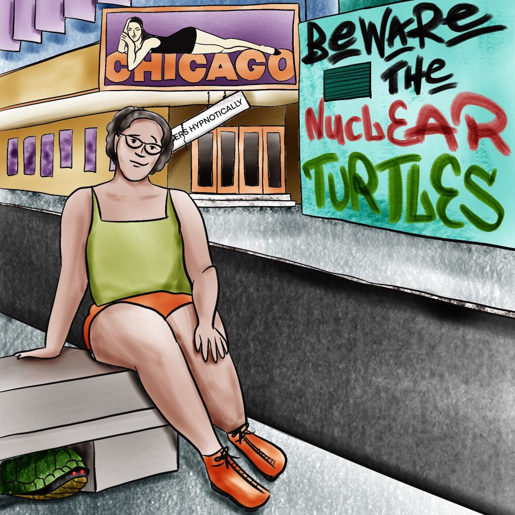Woman with medium skin tone and brown hair sitting in front of a billboard for the movie Chicago and graffiti reading "Beware the Nuclear Turtles." A turtle shell with glowing red eyes is visible near her feet.