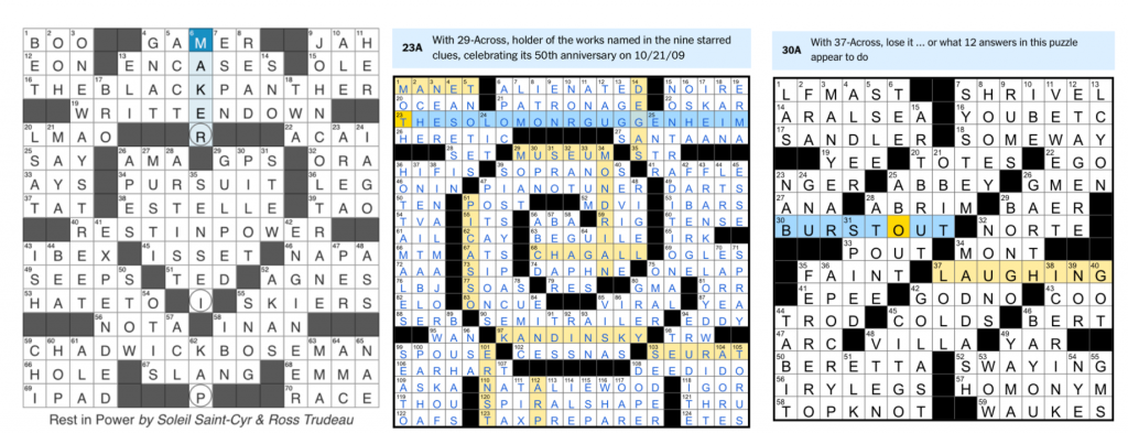 Heart-shaped crossword puzzle grid celebrating Chadwick Boseman (59 across); spiral-shaped crossword grid featuring ten artist names highlighted in yellow; and the grid described in the piece featuring "LFMAST" and "LYCON," as well as other clues missing the letters HA, and the revealer clues BURSTOUT LAUGHING