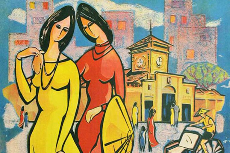 Stylized drawing of two women walking in pre-war Vietnam