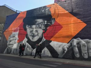 Mural showing Malcolm McDowell as Alex in Kubrick's film "A Clockwork Orange"