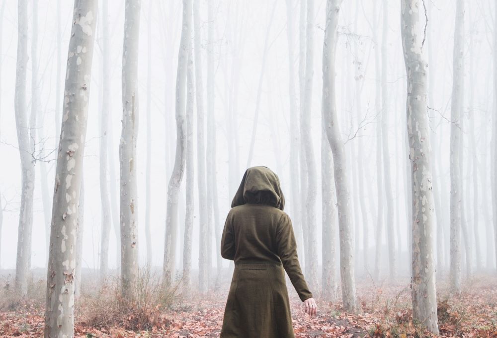 Hooded girl stares out into wintery forest