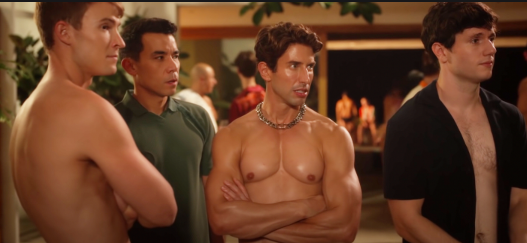 Four cast members of "Fire Island" stand in a line and look skeptically toward something out of frame.