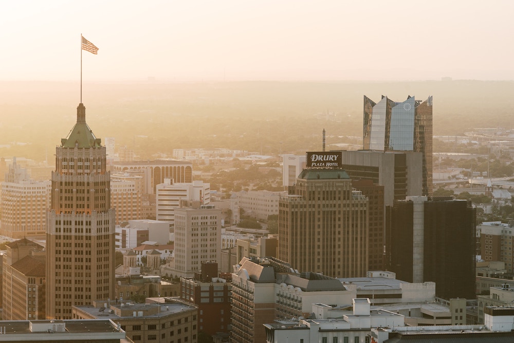 Sepia photo of San Antonio skyline.