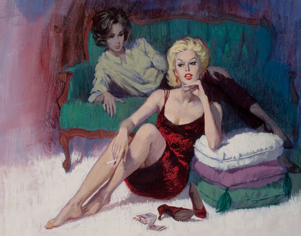 An illustration of a woman lounging on a couch staring at another woman in a red dress