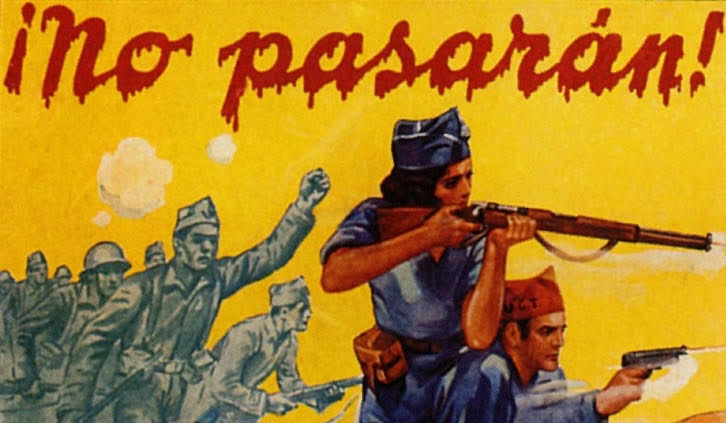 An artistic image of soldiers from the Spanish Civil War, with the text "¡No pasarán!"