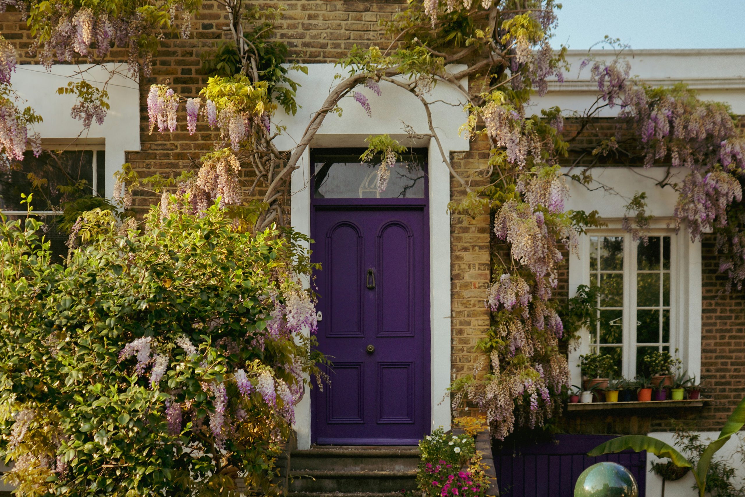 Facade of house with purple door
