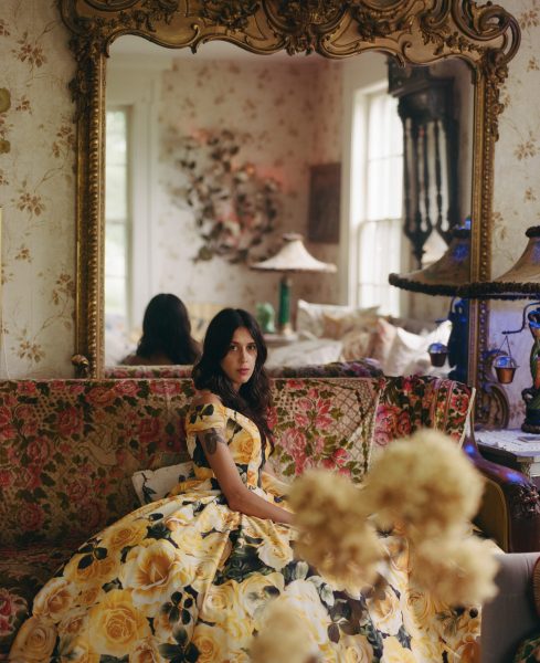 Author, Nandi Rose, in a yellow ball gown centered in an ornate room. looking into the camera